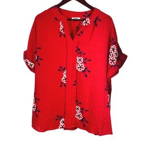 Kindred Plus Size 1X‎ Red Embroidered Floral Blouse Short Sleeve V-Neck Top